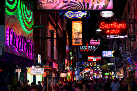 PATTAYA, THAILAND - September 2, 2017 : Colorful night light with music enterainment and drink bar in walking street Pattaya on September 2, 2017 Pattaya Thailand.のeditorial素材