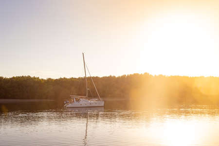 KRABI, THAILAND - JANUARY 23, 2020 - Beautiful natural view of sailboat, boats, mangrove forest in...