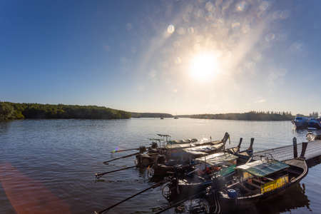 KRABI, THAILAND - JANUARY 23, 2020 - Beautiful natural view of boats, pier, mangrove forest at Krabi River, Krabi, Thailand.のeditorial素材