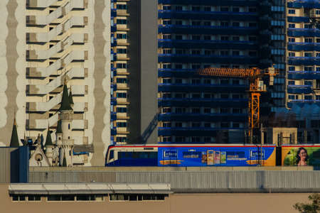 Bangkok-Thailand Mar 27 2020: BTS Sky train From Lat Phrao Station to Ratchayothin Station in...