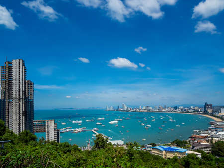 PATTAYA, THAILAND - October 25, 2021 : High angle view from Pattaya Bay Viewpoint before opening to tourists after the Coronavirus COVID-19 epidemic is less October 25, 2021 Pattaya Thailand.のeditorial素材
