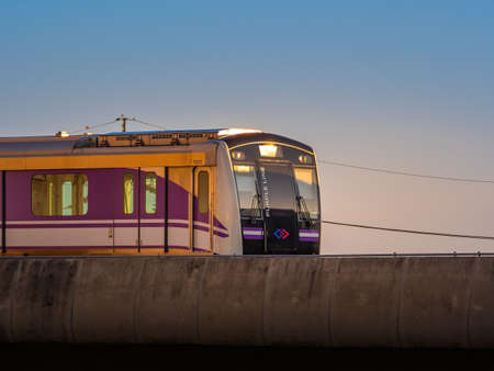 Nonthaburi-Thailand Jan 31, 2022: MRT purple line Sky train in the evening at Bang Yai, Nonthaburi Thailand.のeditorial素材