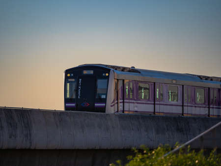 Nonthaburi-Thailand Jan 31, 2022: MRT purple line Sky train in the evening at Bang Yai, Nonthaburi Thailand.のeditorial素材