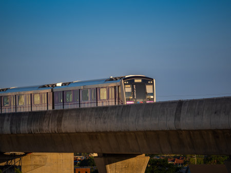 Nonthaburi-Thailand Jan 31, 2022: MRT purple line Sky train in the evening at Bang Yai, Nonthaburi...