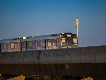 Nonthaburi-Thailand Jan 31, 2022: MRT purple line Sky train in the evening at Bang Yai, Nonthaburi Thailand.のeditorial素材
