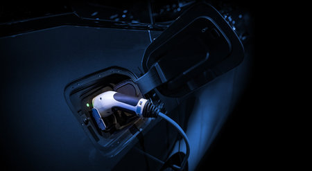 Power cable pump plug in charging power to electric vehicle EV car.の写真素材