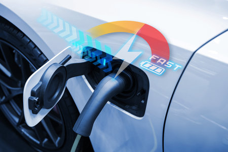 Power cable pump plug in charging power to electric vehicle EV car.の写真素材