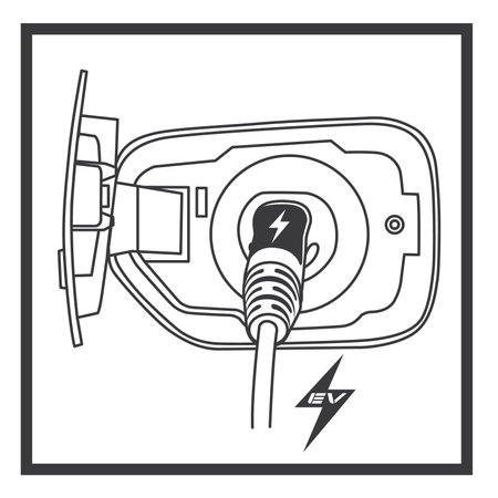 Electric plug in socket. Power energy. Black and white vector illustration.のイラスト素材