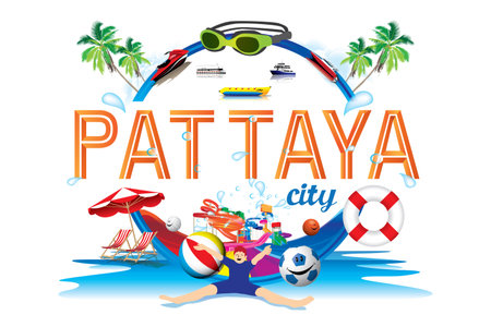 PATTAYA travel background with swimming pool. Vector illustration.のイラスト素材
