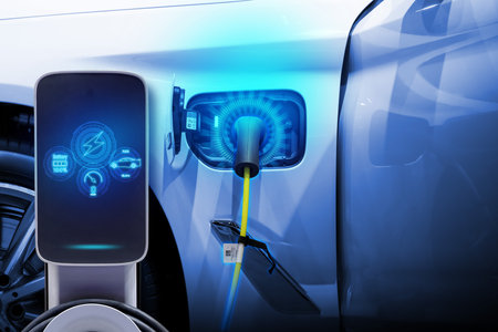 Power cable pump plug in charging power to electric vehicle EV car.の写真素材