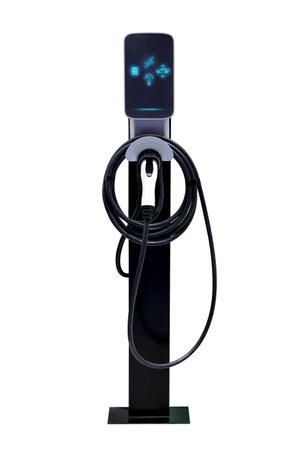 Power cable pump plug in charging power to electric vehicle EV car for use at home. Isolated on white backgroundの写真素材