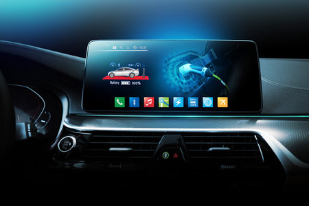 Electric car display screen that is showing the display of electric charging.の写真素材