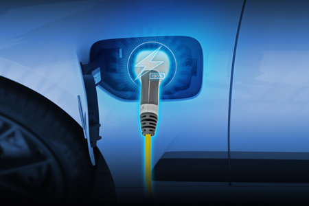 Power cable pump plug in charging power to electric vehicle EV car.の写真素材