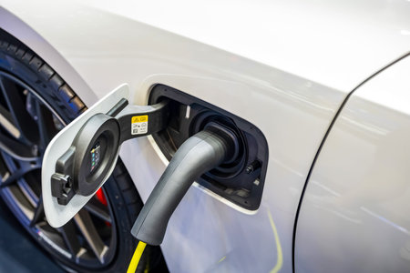 Power cable pump plug in charging power to electric vehicle EV car.の写真素材