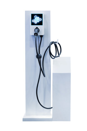 Power cable pump plug in charging power to electric vehicle EV car for use at home. Isolated on white backgroundの写真素材