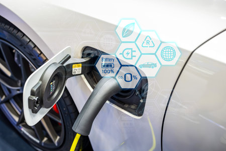 Power cable pump plug in charging power to electric vehicle EV car.の写真素材