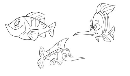 Cute cartoon fish coloring page for kids. Hand drawn vector illustration.のイラスト素材