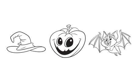 Halloween black and white vector illustration with pumpkin, bats and witch hat.のイラスト素材
