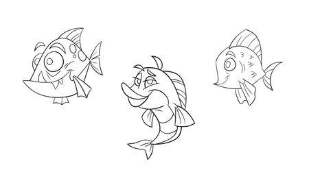 Coloring book for children: a set of fish in a linear style.の写真素材