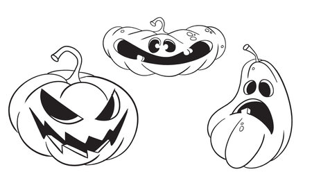 Halloween pumpkins isolated on white background. Black and white vector illustration.のイラスト素材