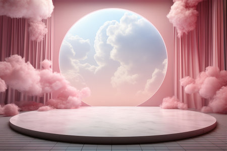 3d render of podium with pink clouds and blue sky background.の素材