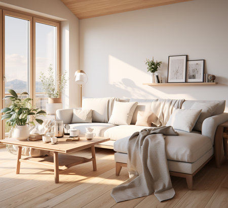 Cozy living room interior with sofa, coffee table and window. 3D renderの素材