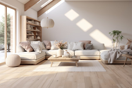 Interior of modern living room with white walls, wooden floor, comfortable sofa and coffee table. 3d renderの素材