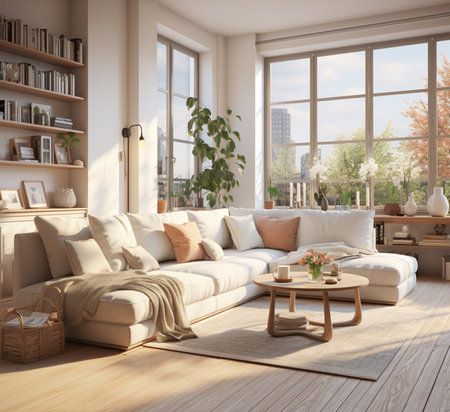 Living room interior with sofa, coffee table and bookshelf. 3d renderの素材
