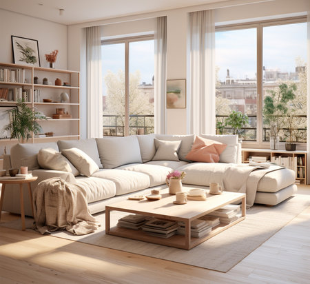 Living room interior with sofa and coffee table. 3d render.の素材