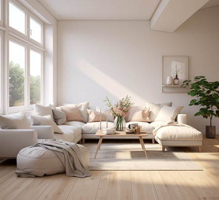interior with white walls, wooden floor and white sofa 3d renderの素材