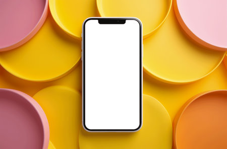 Smartphone with blank screen on colorful circle background. 3d illustrationの素材
