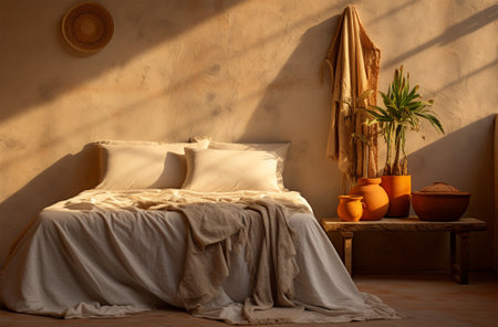 Interior of the bedroom with bed, pillows and plants.の素材