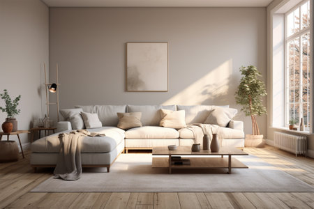 Interior of modern living room with beige sofa 3D renderingの素材