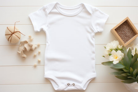 Baby clothes on white wooden background. Flat lay, top view.の素材
