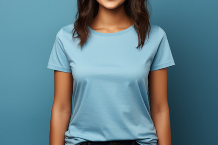 cropped view of woman in blank blue t-shirt on blue backgroundの素材