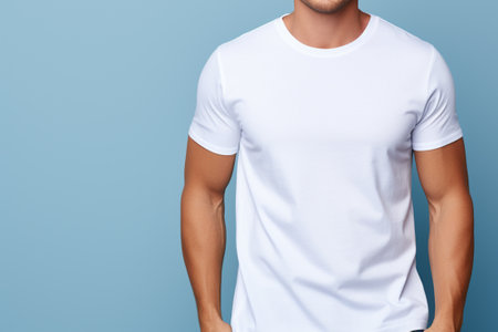 man in blank white t-shirt on blue background, mockupの素材
