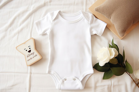 Baby clothes and accessories on bed, top view. Baby shower conceptの素材