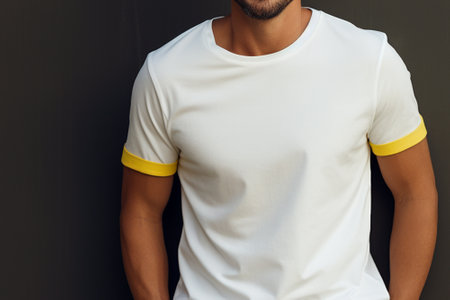 Cropped image of man in white t-shirt on dark backgroundの素材