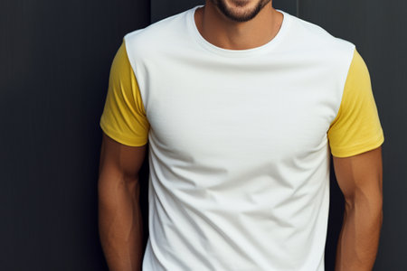 cropped view of man in yellow t-shirt standing near black wallの素材