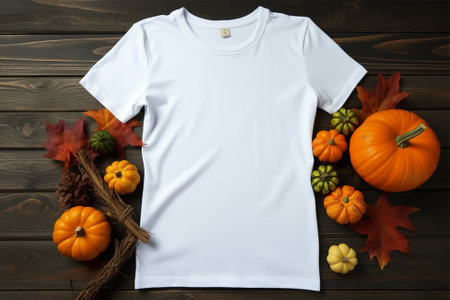 White t-shirt mockup with pumpkins and autumn leaves on wooden backgroundの素材