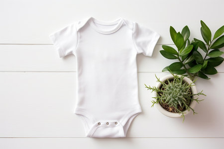 White baby bodysuit and green plant on white wooden background.の素材
