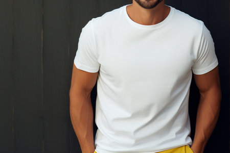 man in white t-shirt and yellow pants on black wooden backgroundの素材