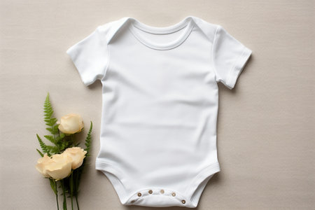 White baby bodysuit and flowers on beige background, top viewの素材