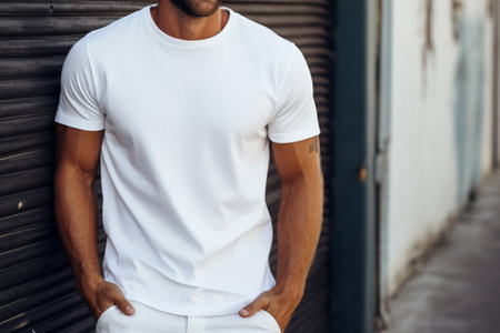 Cropped image of handsome young man in white t-shirt standing outdoorsの素材