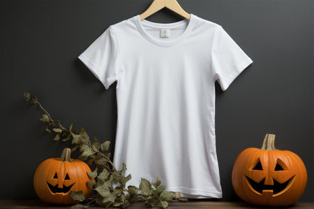 White t-shirt mockup with pumpkins on black background, 3d renderの素材
