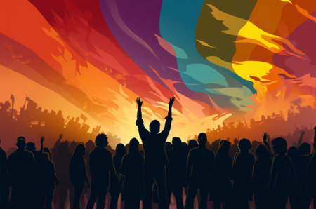 Crowd of people with raised hands at the concert. Vector illustration.の素材
