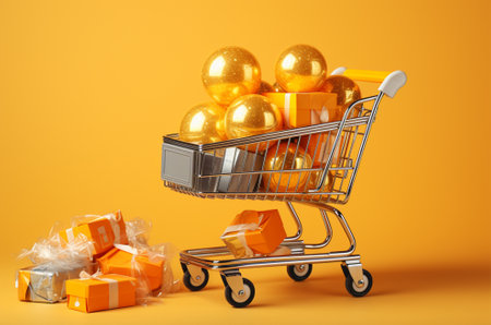 Shopping cart with gift boxes and balls on yellow background. Christmas shopping conceptの素材