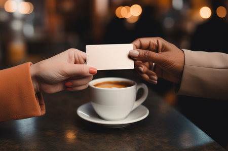 cropped shot of woman and man holding blank business card in cafeの素材