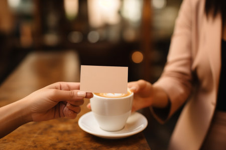 Woman holding business card and cup of coffee in cafe, closeupの素材