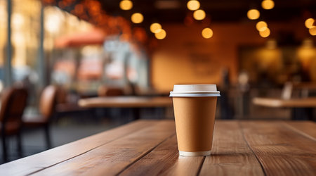 Coffee cup on wooden table in coffee shop, stock photoの素材